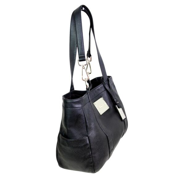 ROOMY Calvin Klein BLACK REAL LEATHER LOGO SHOULDER BAG HANDBAG TOTE HOBO PURSE - Picture 13 of 16